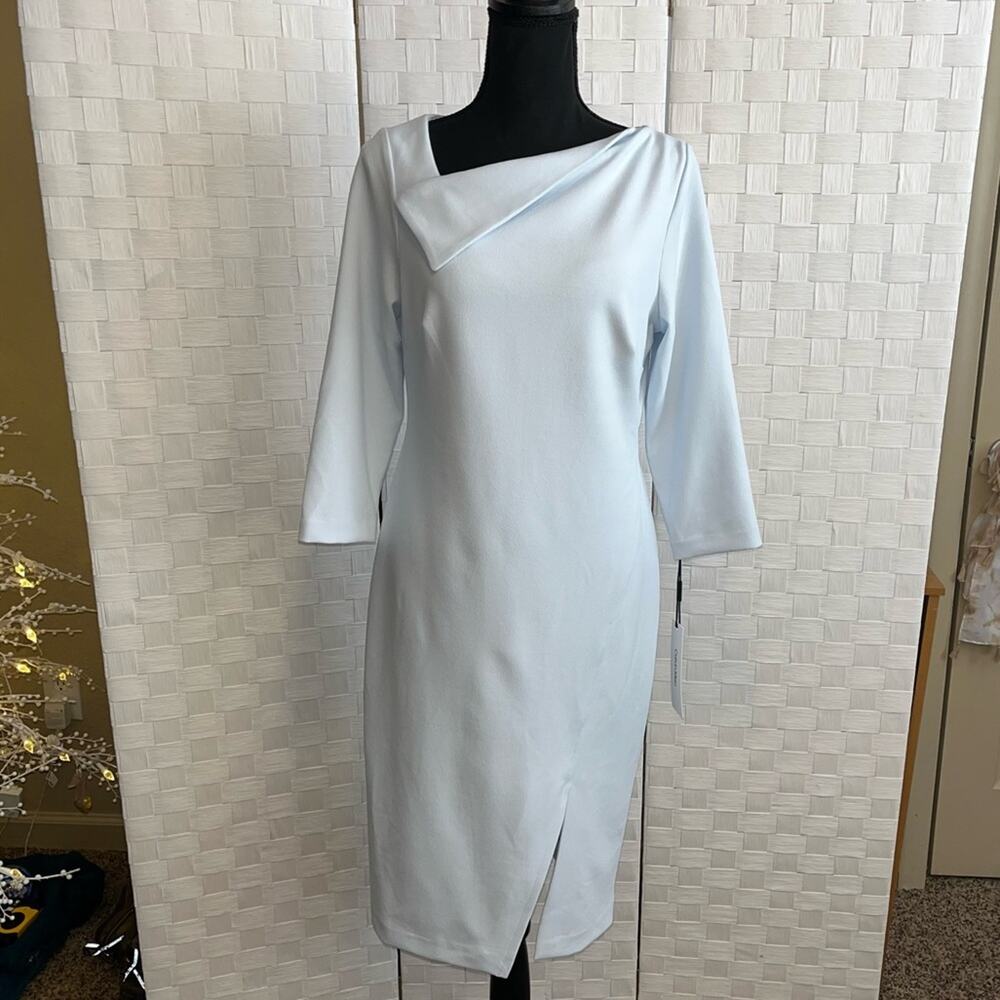 Calvin Klein Baby Blue Asymmetric Draped 3/4 Sleeve Sheath Dress Women’s Size 10